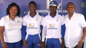Jamaica Cricket Association President Billy Heaven (r) and Kingston Wharves Corporate Services and Client Experience Manager Simone Murdock (L) with St. Mary Captain Jiovanni Richardson (2nd l) and St. Ann Captain Marcodean Clarke at the launch of the 32nd Kingston Wharves U15 Cricket Competition at the Ultimate Cricket Oval in St. Ann on Tuesday.   