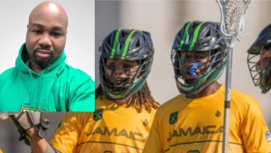 Members of Jamaica&#039;s team celebrate a goal at the Lacrosse Men&#039;s World Championship in San Diego. (Inset) JLA president Calbert Hutchinson.