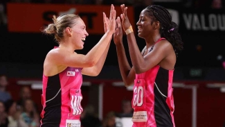 Jamaica&#039;s Latanya Wilson (right) celebrate with a Adelaide Thunderbirds teammate after the victory.