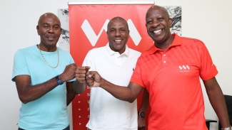 Ludlow Bernard (l) Chris Williams and Devon Barrett after announcing the clash between Harbour View FC and a Caribbean All-Star XI on September 3