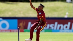 Nathan Edward of West Indies bowls during the ICC U19 Men&#039;s Cricket World Cup South Africa 2024 Super Six match between Sri Lanka and West Indies at Diamond Oval on January 30, 2024 in Kimberley, South Africa.
