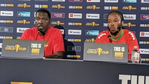 St. Kitts and Nevis players Gerard Williams and Romaine Sawyers in the pre-match press conference.