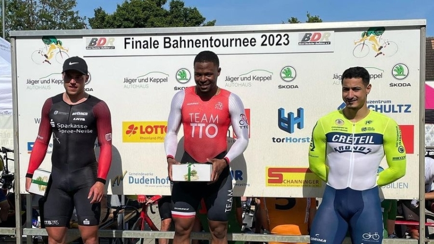 Trinidad and Tobago’s Nicholas Paul (centre) shares the podium with German silver medallist Maximilian Dornbach (left) and Frenchman Ryan Helal, after winning the men&#039;s sprint gold medal in Germany recently.