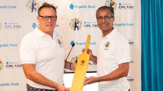 Pete Russell, CEO of the Republic Bank Caribbean Premier League, and Nigel Baptiste, Group President and Chief Executive Officer for the Republic Group celebrate the new partnership.   