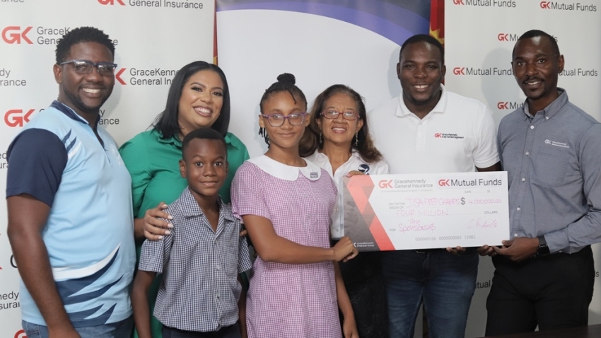  (L-R) Bertram Watson, JISA Sports Chair, second left Tamar McKenzie, JISA President, Donna Lowe Robinson, JISA Treasurer, (centre), joins title sponsors Daniel Thompson (second right), General Manager, GK Mutual Funds and Chaluk Richards, General Manager GK General Insurance (right) at the launch of the 47th staging of the JISA Prep Champs, powered by GK General Insurance and GK Mutual Funds at the Ministry of Education, recently.