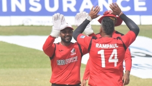 Rampaul celebrates after taking one of his three wickets against the Leeward Island Hurricanes