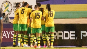 Jamaica&#039;s Reggae Boyz celebrate the all-important goal.