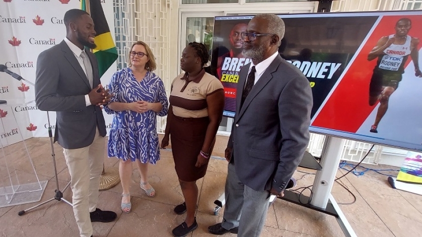Canadian Olympian Brendon Rodney (left) in conversation with Canadian High Commissioner Her Excellency Emina Tudakovic, scholarship recipient Shantel Munroe and Denzil Wilks General Manager of Jamaica&#039;s Sports Development Foundation at the launch of the Brendon Rodney Excellence Scholarship Awards in Kingston on Tuesday.