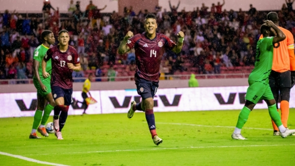 Costa Rica&#039;s Orlando Galo celebrating one of his two goals against St. Kitts &amp; Nevis.
