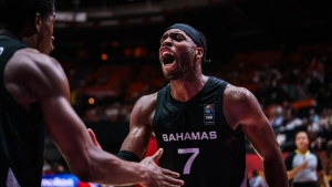 Buddy Hield (right) celebrating with VJ Edgecombe during the Bahamas&#039; 95-86 victory over Finland in Olympic Qualifying on Tuesday.