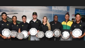 Team Jamaica displayed their trophies in the arriving hall of the Norman Manley International Airport shortly after arriving from the 67th Caribbean Amateur Golf Championship in the Dominican Republic where they copped the runner-up trophies for the George Teale trophy for ladies and the runner-up Arthur Ziadie trophy for the country. The Men’s team came third in the Heorman Cup. Eight of the tem players arrived. They are (L -R) are Aman Dhiman, Emily Mayne, Ryan Lue, Rocco Lopez, Mattea Issa, Oshae Haye, Jack Stein and Zandre Roye.