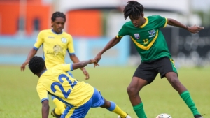 Josiah Ochoa (right) got the goal for St. Benedict&#039;s in their 1-0 win over Naparima College in the SSFL Premiership.