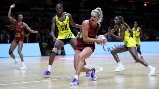 Action between the Sunshine Girls and the Vitality Roses during their 2023 Test series which England won 2-1.