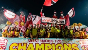 The West Indies celebrating their 3-2 T20I series win over England in 2023.