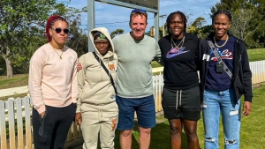 West Indies Women&#039;s Assistant Head Coach Damien Wright with players from left, Cherry-Ann Fraser, ​ ​ Jannillea Glasgow, Shawnisha Hector and Kate Wilmott.