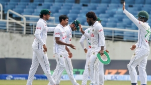 Taijul Islam (second left) led the way with the ball for the Bangladeshis with 5-50.