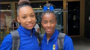 Barbadian gymnasts Olivia &quot;Storm&quot; Kelly (left) and Anya Pilgrim share a photo opportunity ahead of a podium training session in Antwerp, Belgium.