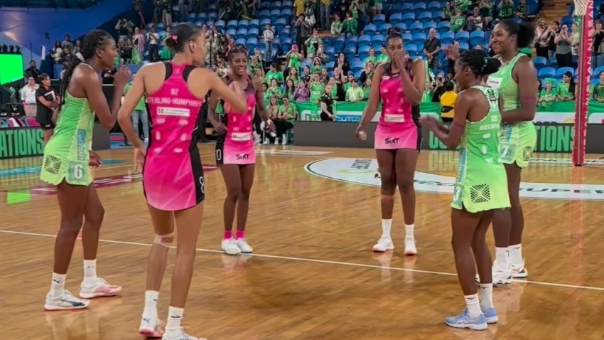 Jamaica&#039;s netballers share a dance after an epic battle between their West Coast Fever and Adelaide Thunderbirds teams.