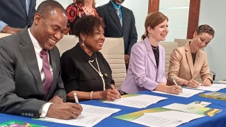 From left: Jamaica&#039;s Minister of Finance and the Public Service, the Hon. Nigel Clarke, Minister of Culture, Gender, Entertainment and Sport, the Hon. Olivia Grange, UK Minister to Latin America and the Caribbean, Baroness Jennifer Chapman and Jamaica&#039;s Minister of Foreign Affairs and Foreign Trade, Senator the Hon. Kamina Johnson Smith at Tuesday&#039;s press conference updating the media on the redevelopment of the National Stadium.