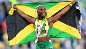 Shelly-Ann Fraser-Pryce celebrating her 100m victory at the 2022 World Championships in Eugene.