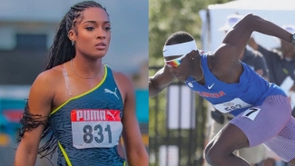 From left: Stacey-Ann Williams and Emmanuel Bamidele won the 400m title at the Racers Grand Prix at the National Stadium in Kingston on Saturday.