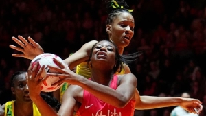 England Roses defeat Sunshine Girls 55-47 to take 1-0 lead in Vitality Netball Horizon Series; team heads back to Jamaica for final two games