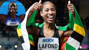 Lafond giving the thumbs up after her historic victory in Glasgow. (Inset) Alfred celebrating her 60m victory on Saturday.