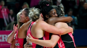 Jamaica&#039;s Latanya Wilson celebrate the semi-final win with Adelaide Thunderbirds teammates.