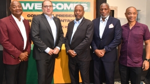 Bermuda FA president, Mark Wade (second right) share a photo opportunity with (from left), JFF President Michael Ricketts, Concacaf President Victor Montagliani, St Lucia FA President Lyndon Cooper, and JFF general secretary Dennis Chung recently.