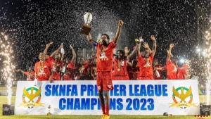 Village Superstar players celebrate winning their 6th SKNFA Premier League title. 