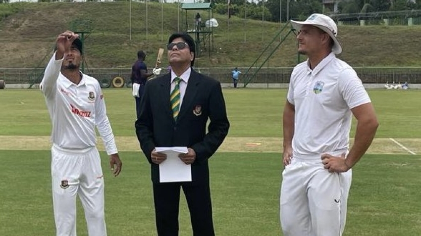 Bangladesh &quot;A&quot; captain Shadman Islam and West Indies &quot;A&quot; captain Joshua Da Silva at the toss ahead of day one of the second four-day &quot;Test&quot;