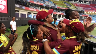 Hayley Matthews flocked by teammates as they celebrate a win at the T20 World Cup recently.