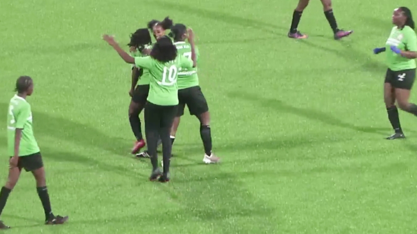 NAGICO Cayon Rockets women players celebrate scoring a goal during their match against Rams Village Lady Superstars on Sunday at the SKNFA Technical Center. 