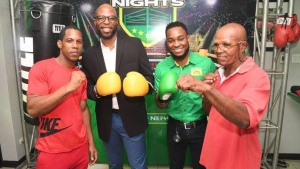 From Left: Welterweight boxer Daron Weir, Jamaica Boxing Board President, Stephen &#039;Bomber&#039; Jones, Wray &amp; Nephew Marketing Manager, Pavel Smith and Suga Olympic Boxing Gym founder and coach, Lindel &#039;Suga&#039; Wallace.